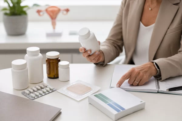 HRT medication and supplements being reviewed together to check for potential interactions.