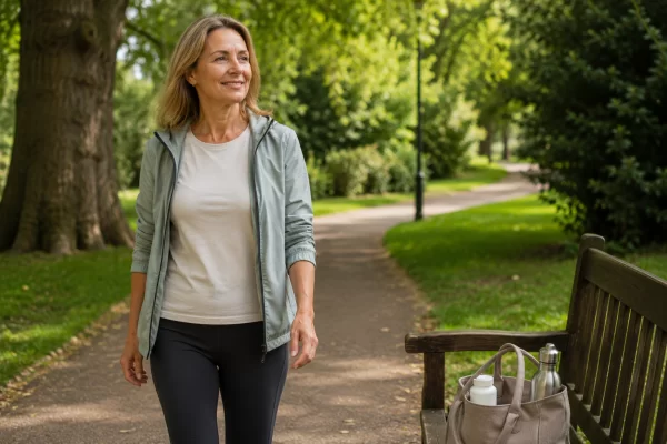 Midlife woman outdoors in daylight representing vitamin D and health during menopause.