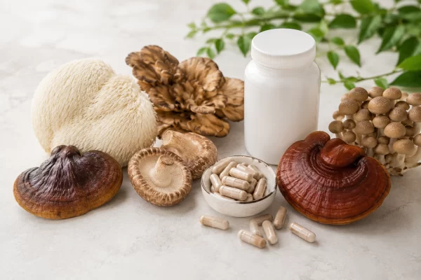 Mushrooms and supplement capsules representing mushroom supplements discussed for midlife health.