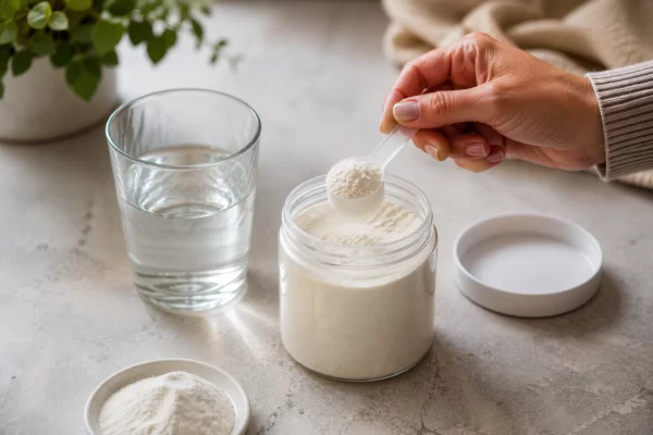 Scoop of collagen powder beside a glass of water representing collagen supplementation.