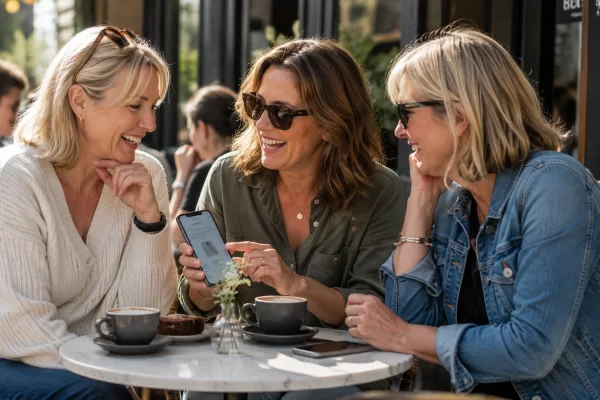 Three women chatting and comparing product experiences over coffee, part of The Menopause Network Review Panel community