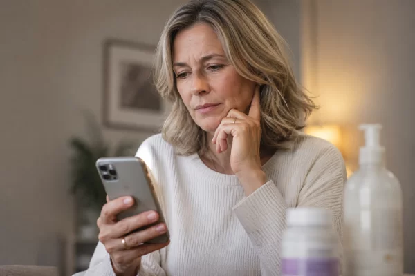 Woman looking sceptically at a product review on her phone, surrounded by half-used menopause products