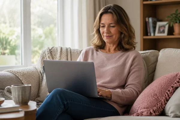 Woman registering for The Menopause Network Review Panel on her laptop at home