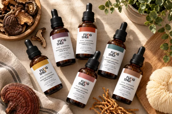 A flat-lay of several small amber tincture bottles arranged together on a linen surface with dried mushroom pieces nearby