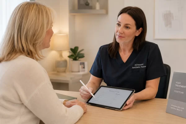Clinician and patient engaged in a thorough consultation with a medical history form visible on the table between them