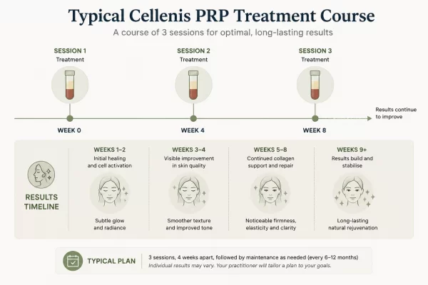 Illustrated timeline showing three platelet-rich plasma treatment sessions spaced several weeks apart with gradual improvement over time