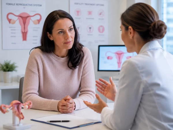 : A calm, softly lit photograph of a woman in her late 30s or 40s in a fertility clinic consultation room