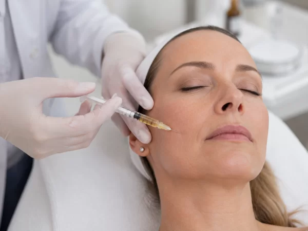 A clinician's gloved hand performing a facial PRP injection on a woman's cheek area